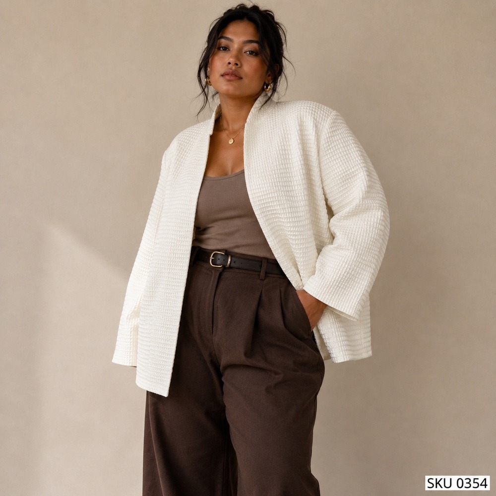 Dialogue Vintage Cream White Waffle Weave Open Front Blazer Jacket Large 0354
